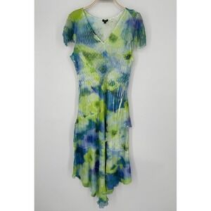 Komarov Chiffon Midi Dress Size XL Blue Green Watercolor Floral Asymmetrical Hem
